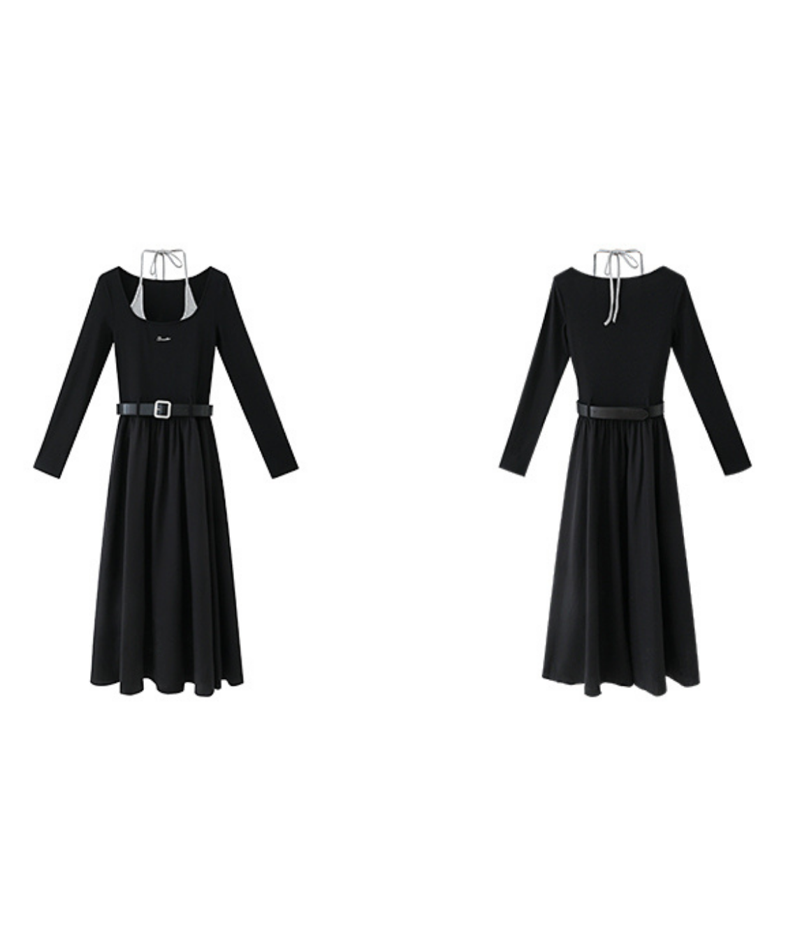 ロゴ刺繍フェイク2ピースウエストベルトワンピース