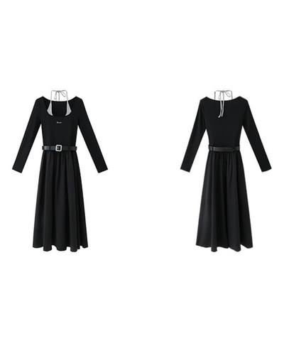 ロゴ刺繍フェイク2ピースウエストベルトワンピース