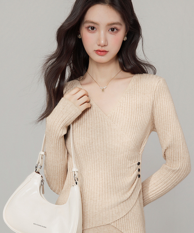 カシュクール風リブニットトップス＋フリンジロングスカート 2点セット