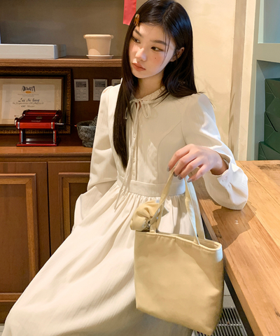 フリル襟リボン付きジャカードワンピース