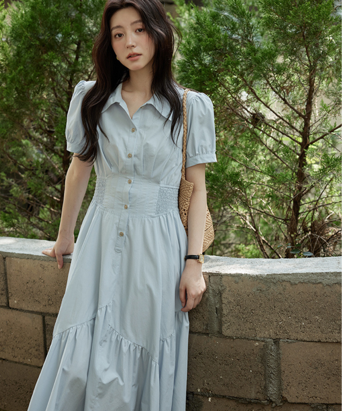 前ボタン付きシャーリングウエストワンピース