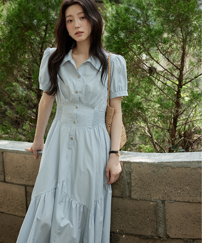 前ボタン付きシャーリングウエストワンピース