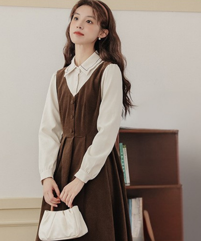 配色風ステッチ襟フェイクレイヤードコーデュロイワンピース