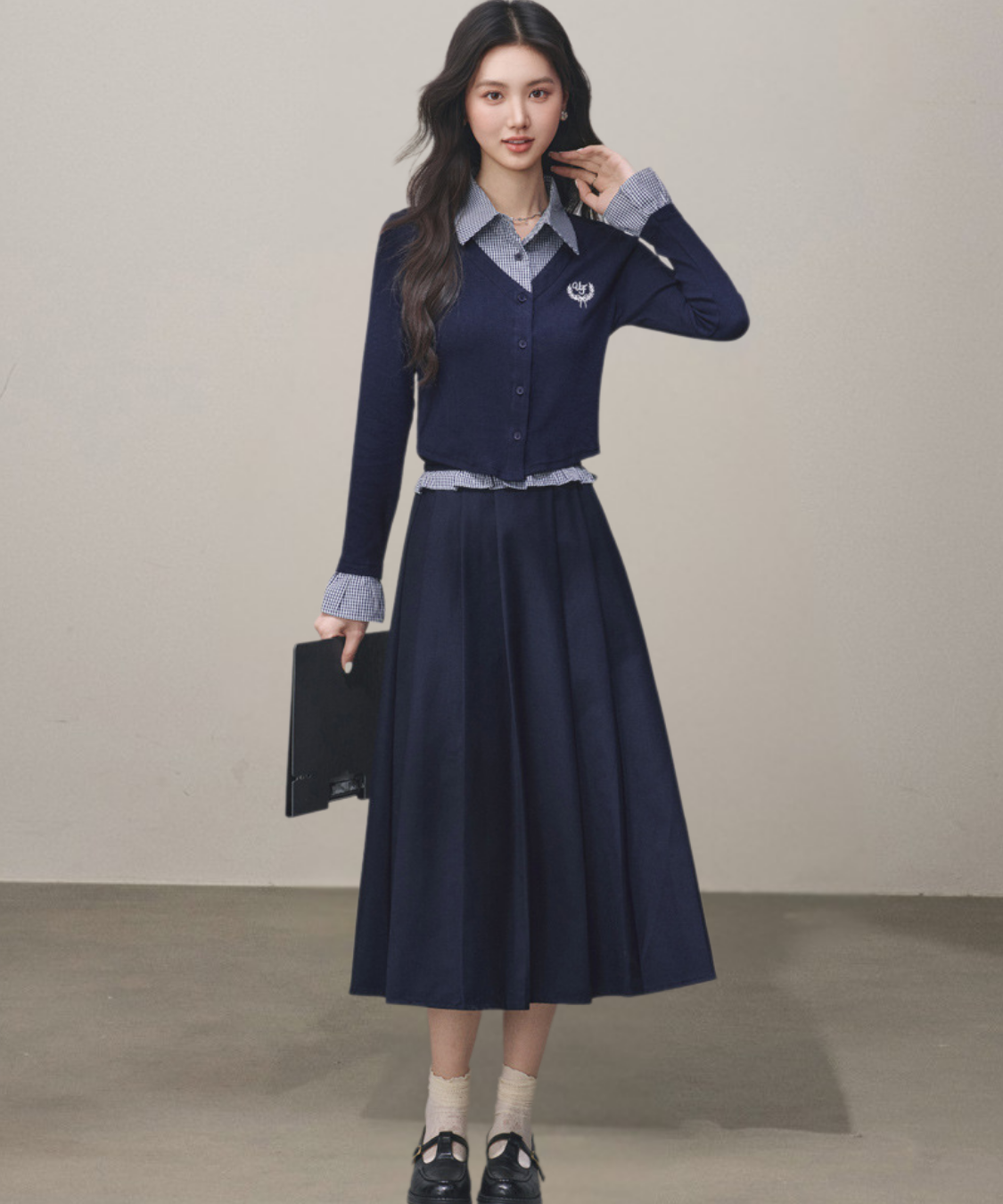 シャツ襟フェイクレイヤードトップス＋ボックスプリーツスカート 2点セット