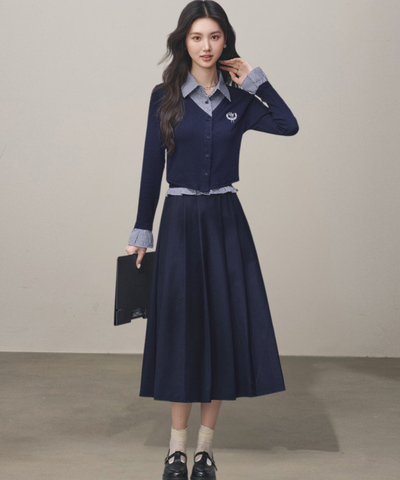 シャツ襟フェイクレイヤードトップス＋ボックスプリーツスカート 2点セット