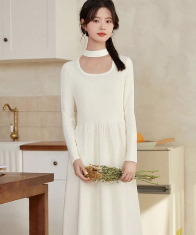 チョーカーデザインリブニットワンピース