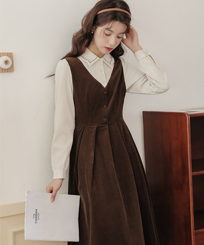 配色風ステッチ襟フェイクレイヤードコーデュロイワンピース