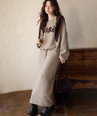 刺繍ロゴスウェット＋ドロストスカート＋フード付きショール 3点セット