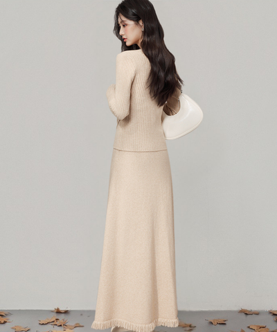 カシュクール風リブニットトップス＋フリンジロングスカート 2点セット