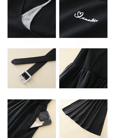 ロゴ刺繍フェイク2ピースウエストベルトワンピース