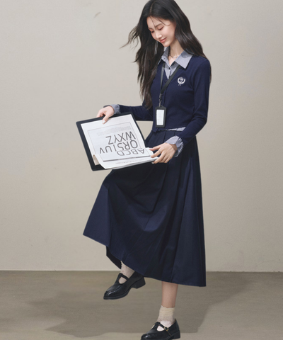 シャツ襟フェイクレイヤードトップス＋ボックスプリーツスカート 2点セット