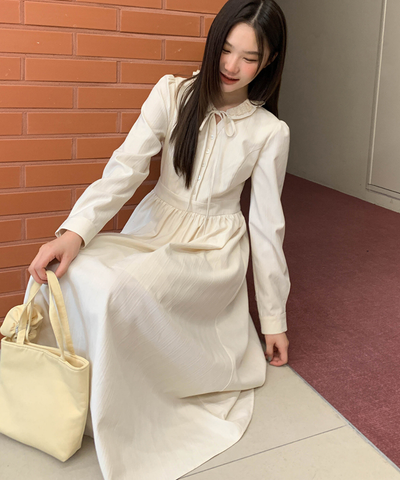 フリル襟リボン付きジャカードワンピース