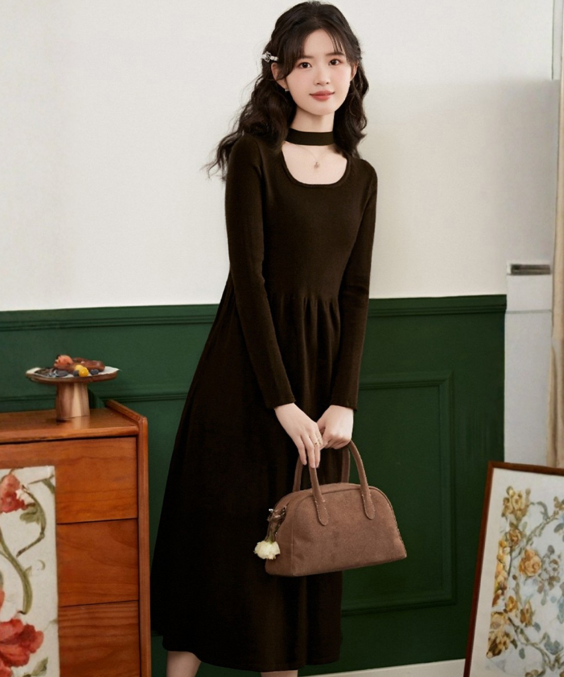 チョーカーデザインリブニットワンピース