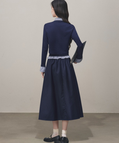 シャツ襟フェイクレイヤードトップス＋ボックスプリーツスカート 2点セット