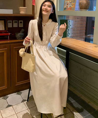 フリル襟リボン付きジャカードワンピース