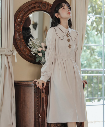 ダブルカラーフラワーモチーフギャザーワンピース