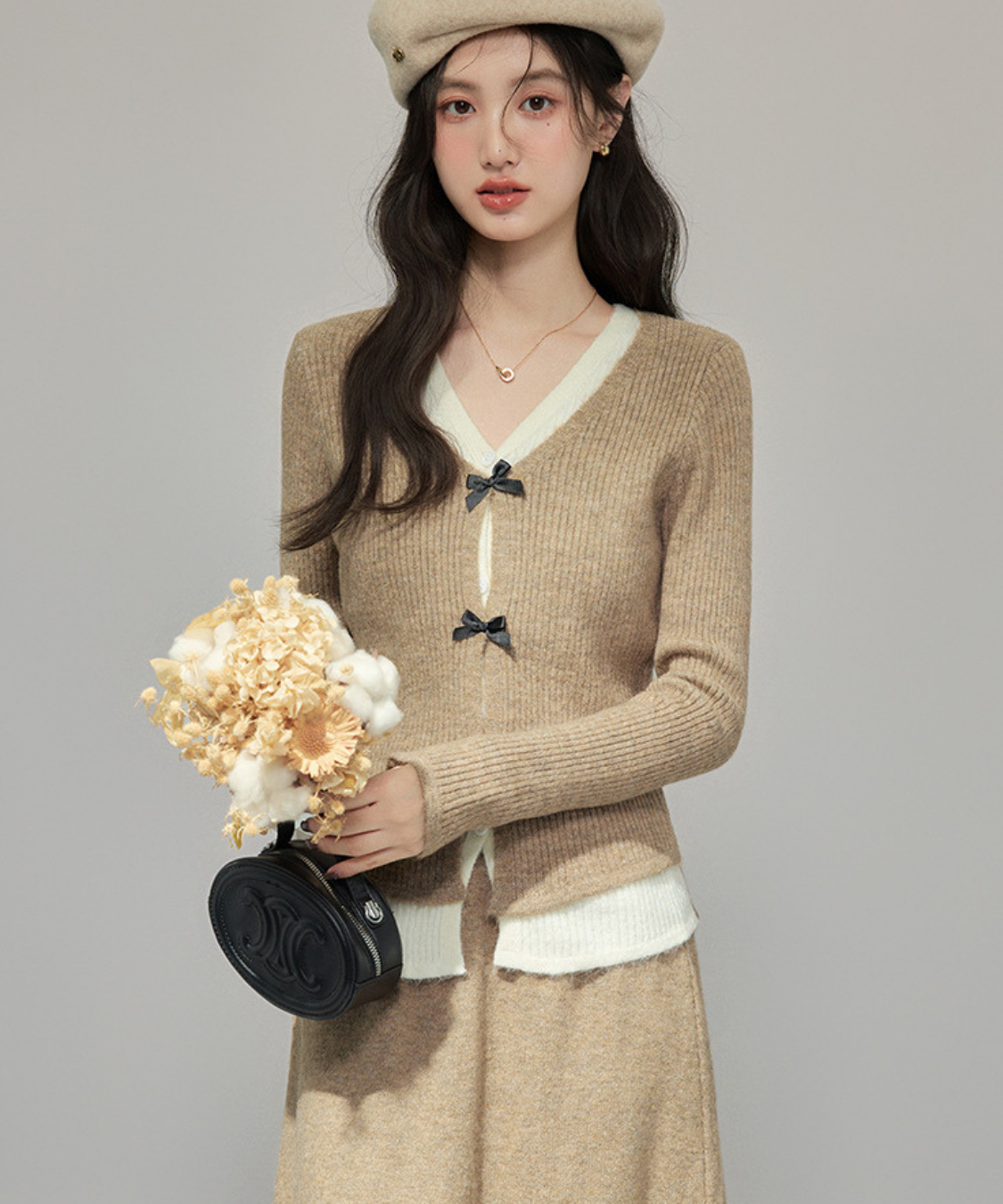 フロントリボンリブカーデ＋ロングニットスカート 2点セット