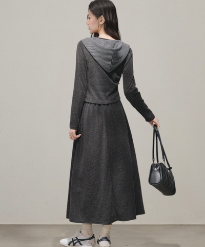 ヘンリーネックニット＋ロングスカート＋フード付きボーダーショール 3点セット