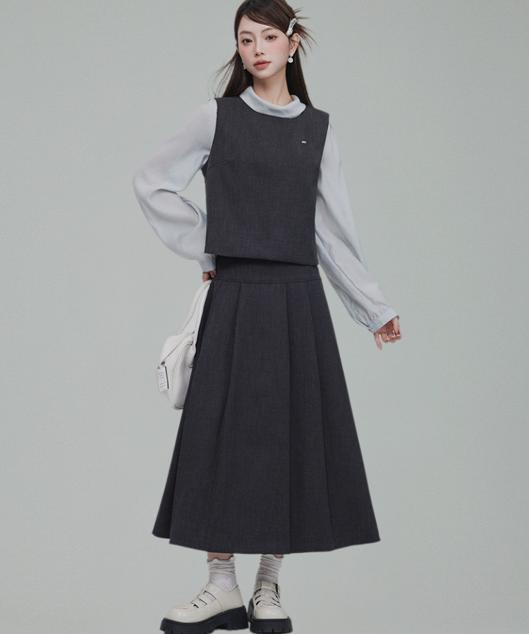 バックリボンブラウス＋無地ノースリーブベスト＋フレアタックスカート 3点セット