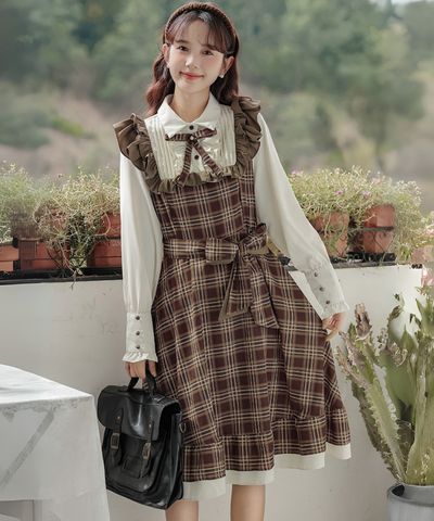 ピンタックブラウスドッキングチェック柄ワンピース