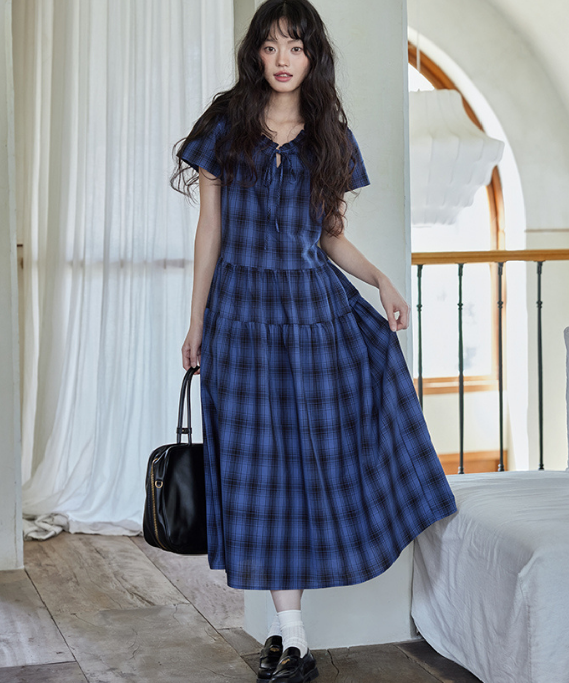 チェック柄ギャザーフリルネックティアードワンピース