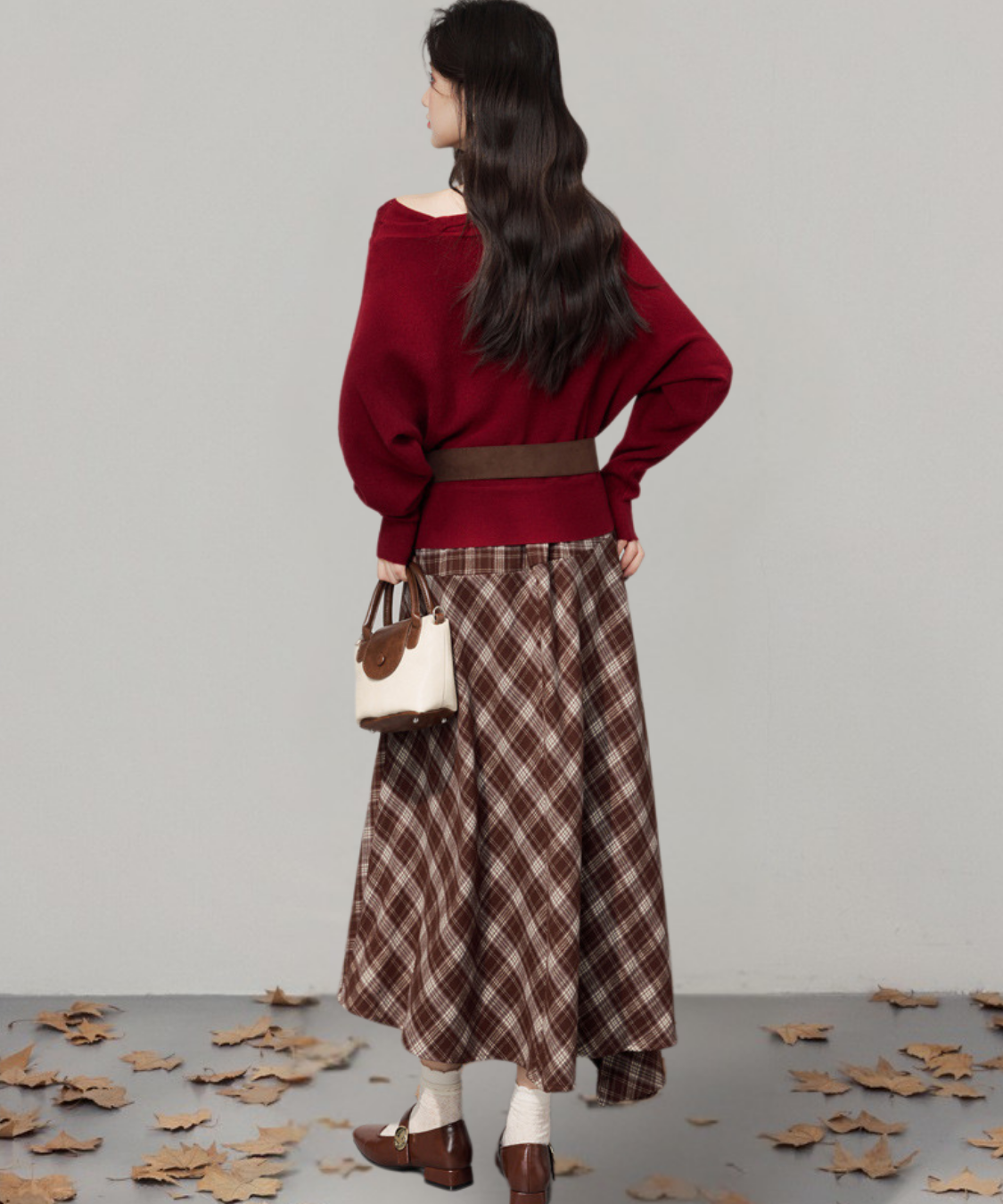 オフショルダーニット＋チェックアシンメトリースカート 2点セット