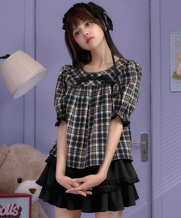 ブラウンチェックガーリーリボンブラウス – jemiremi（ジェミレミ）