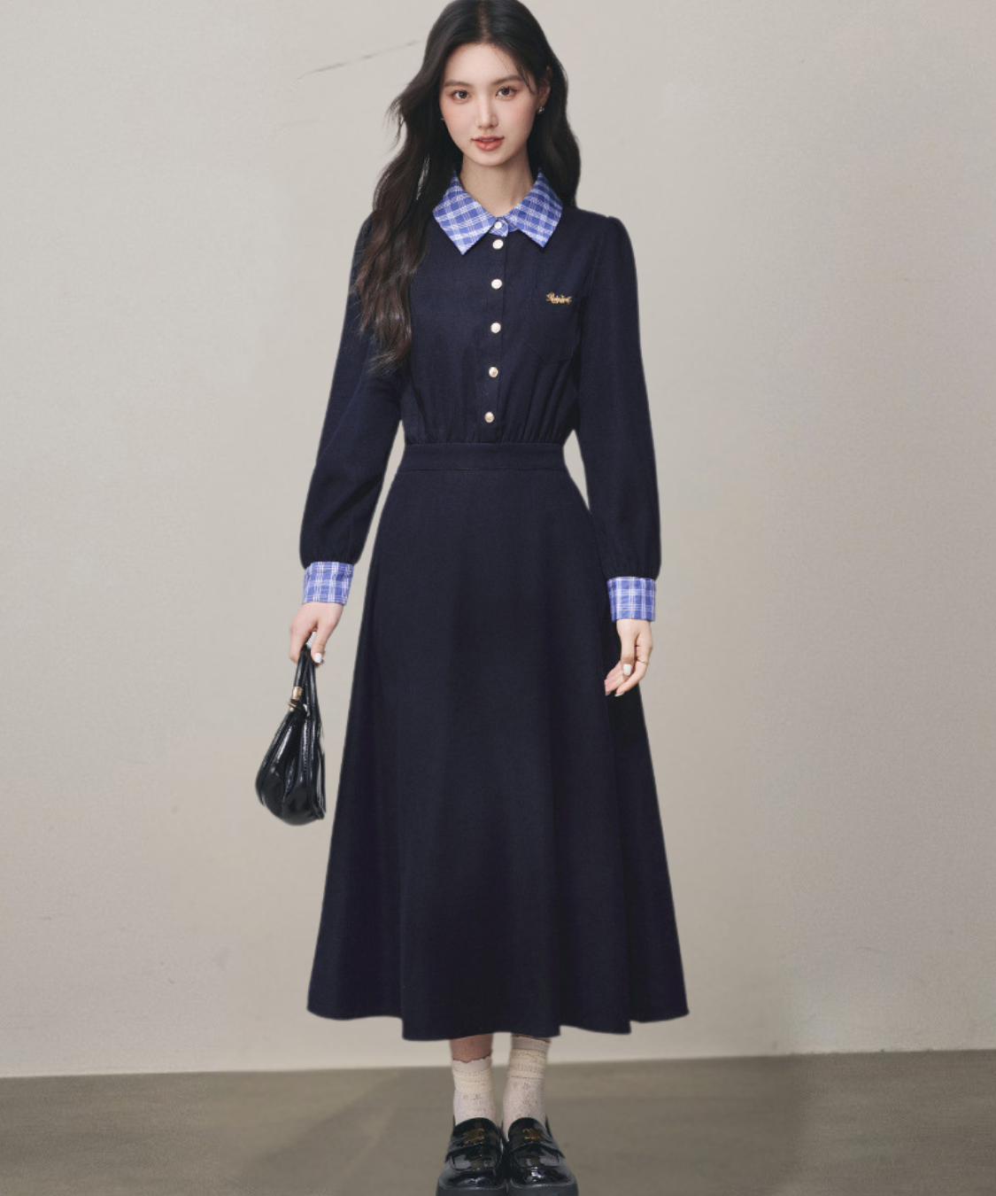 チェックシャツカラーカフス長袖フレアワンピース