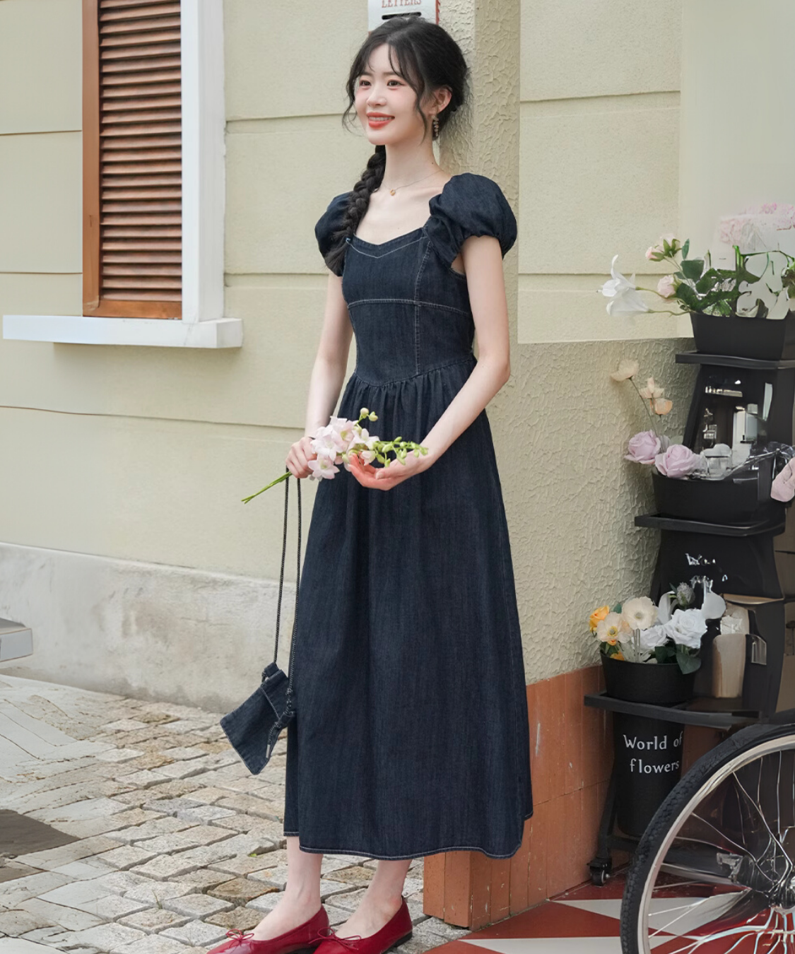 パフスリーブウエスト切り替えデニムワンピース