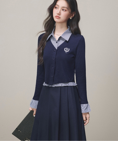 シャツ襟フェイクレイヤードトップス＋ボックスプリーツスカート 2点セット