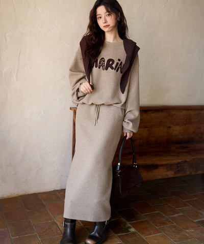 刺繍ロゴスウェット＋ドロストスカート＋フード付きショール 3点セット