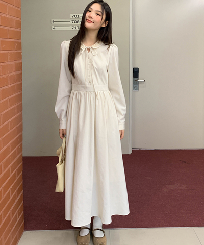 フリル襟リボン付きジャカードワンピース