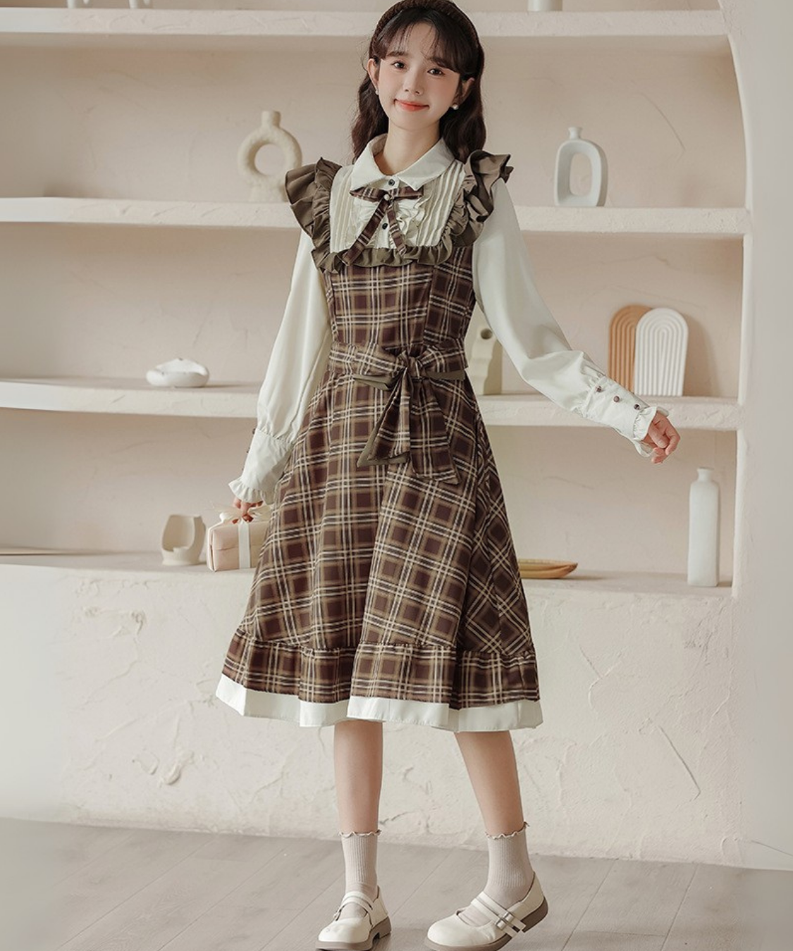 ピンタックブラウスドッキングチェック柄ワンピース