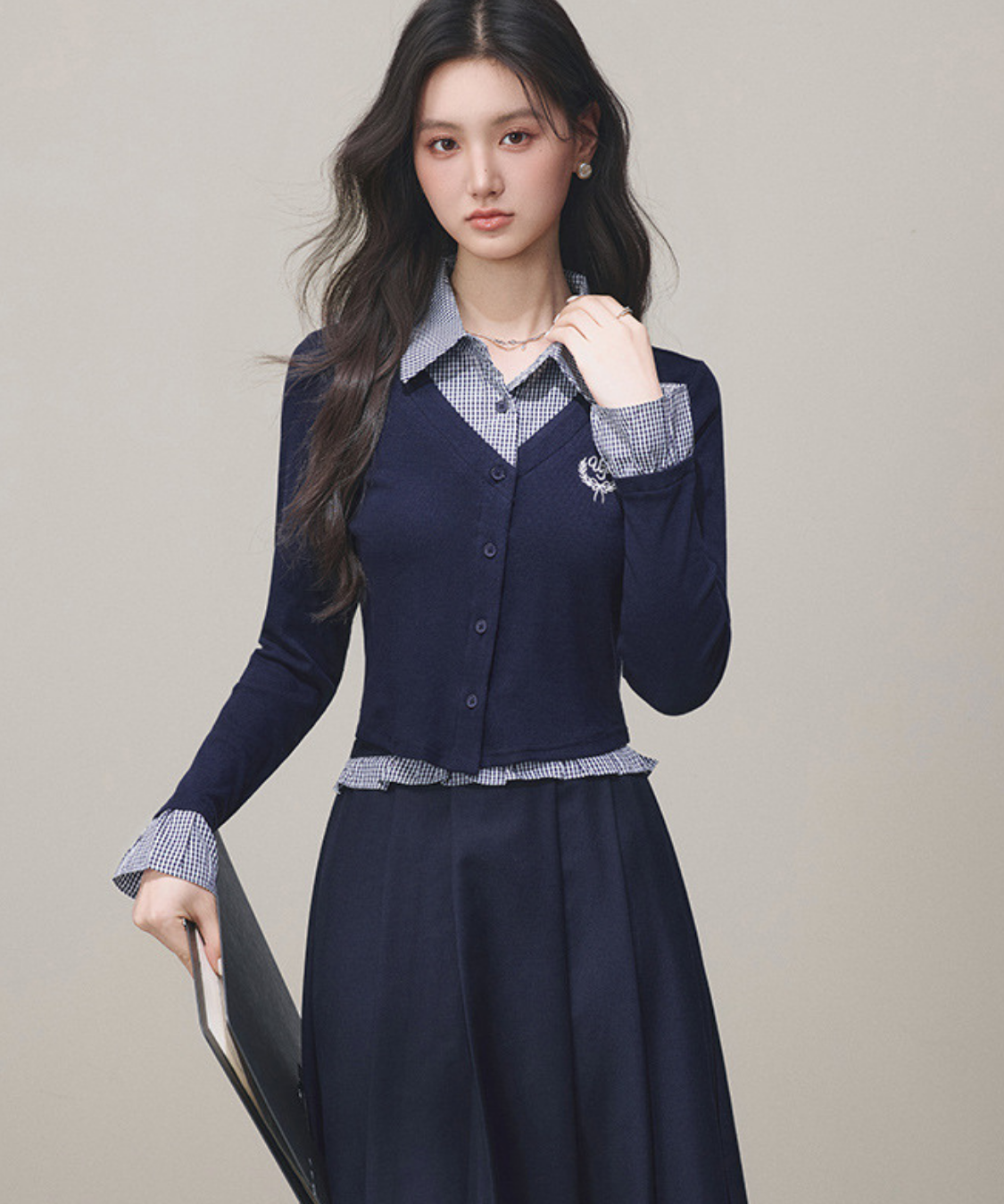 シャツ襟フェイクレイヤードトップス＋ボックスプリーツスカート 2点セット