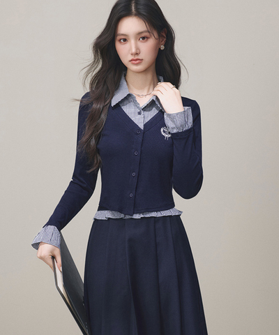 シャツ襟フェイクレイヤードトップス＋ボックスプリーツスカート 2点セット