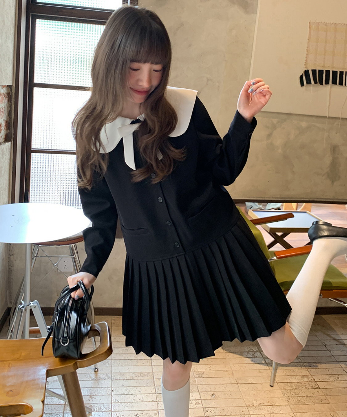 配色セーラーカラープリーツスカートワンピース