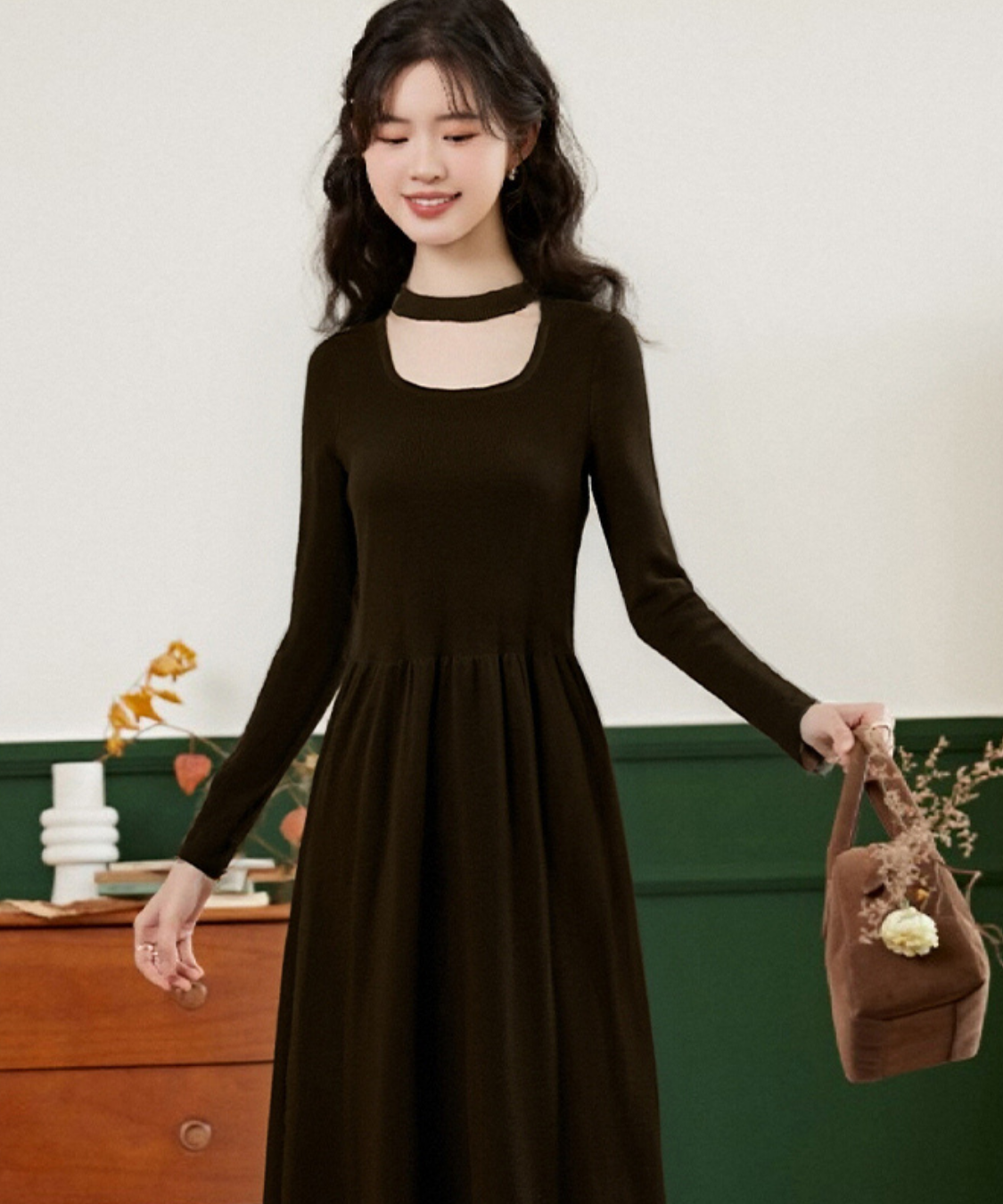 チョーカーデザインリブニットワンピース