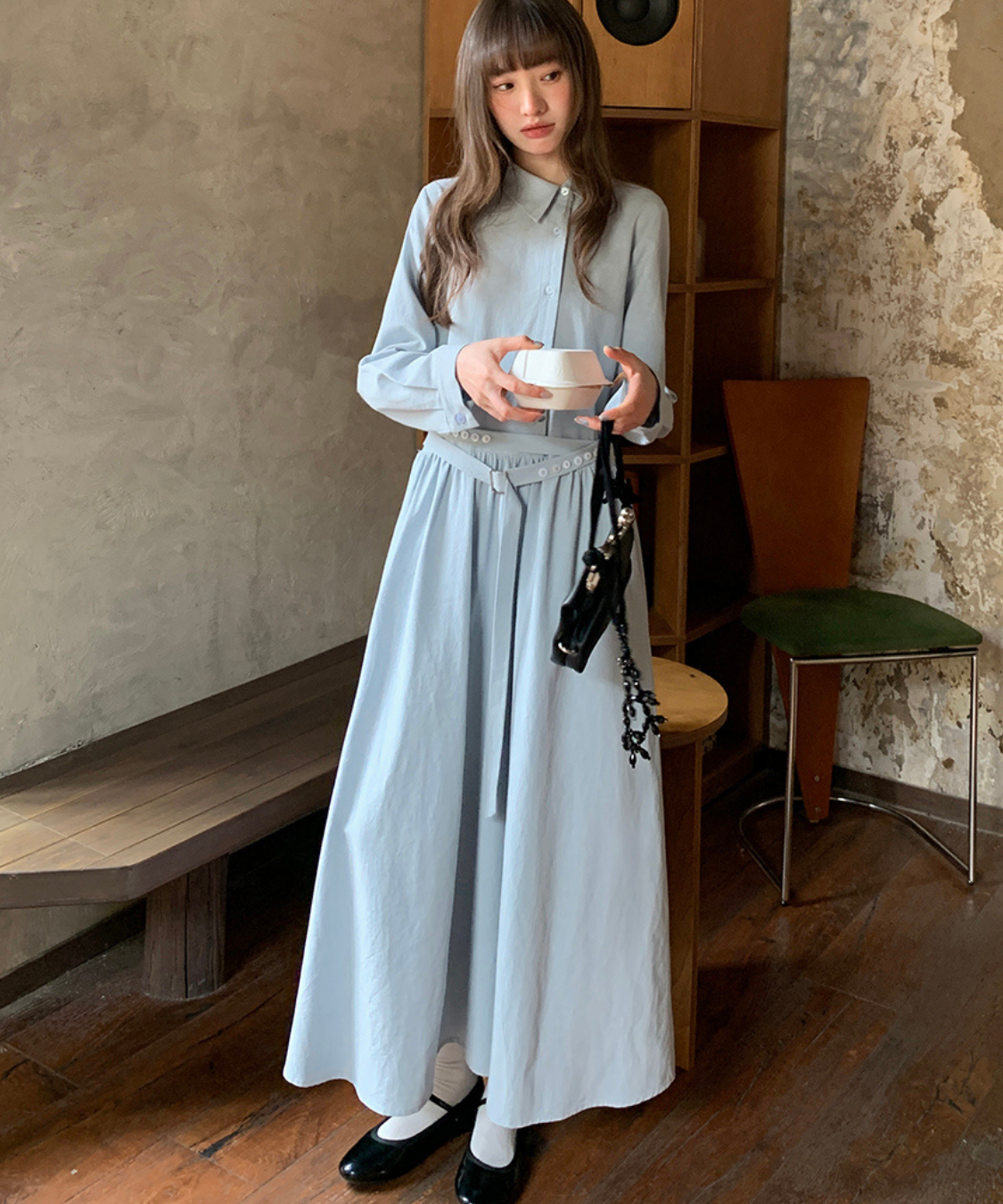 アシンメトリーボタンウエストベルトワンピース