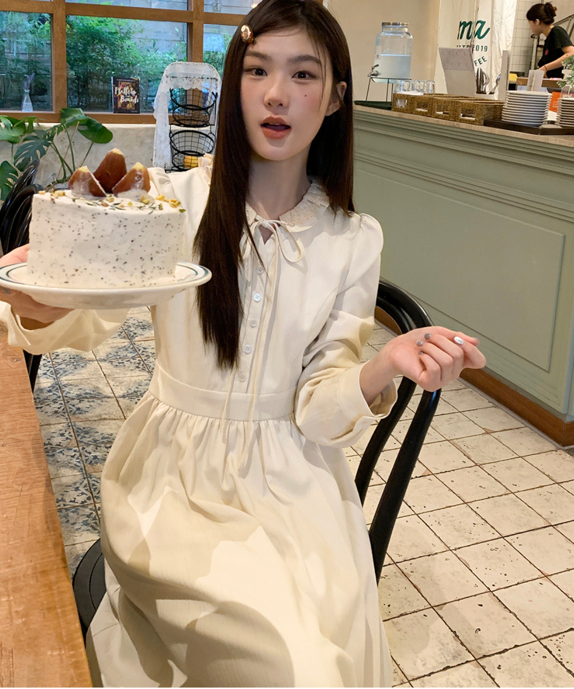 フリル襟リボン付きジャカードワンピース