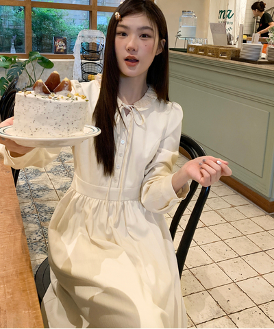 フリル襟リボン付きジャカードワンピース