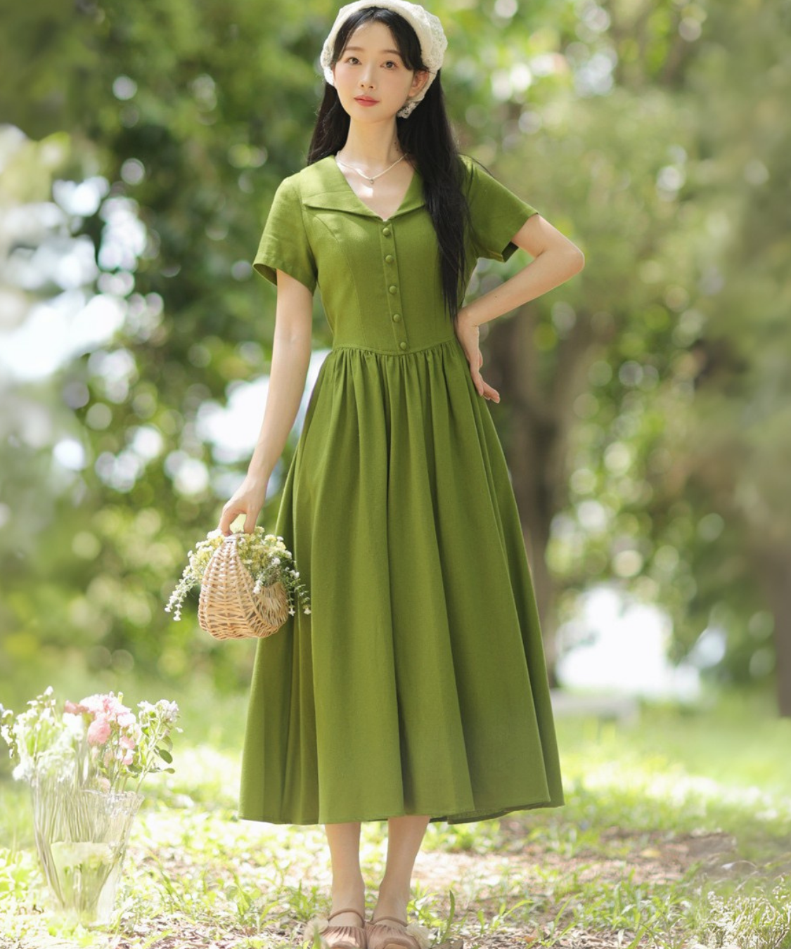 フロントボタン付きクスエアカラーワンピース