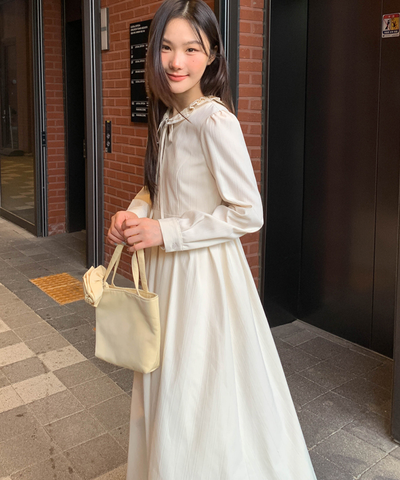 フリル襟リボン付きジャカードワンピース