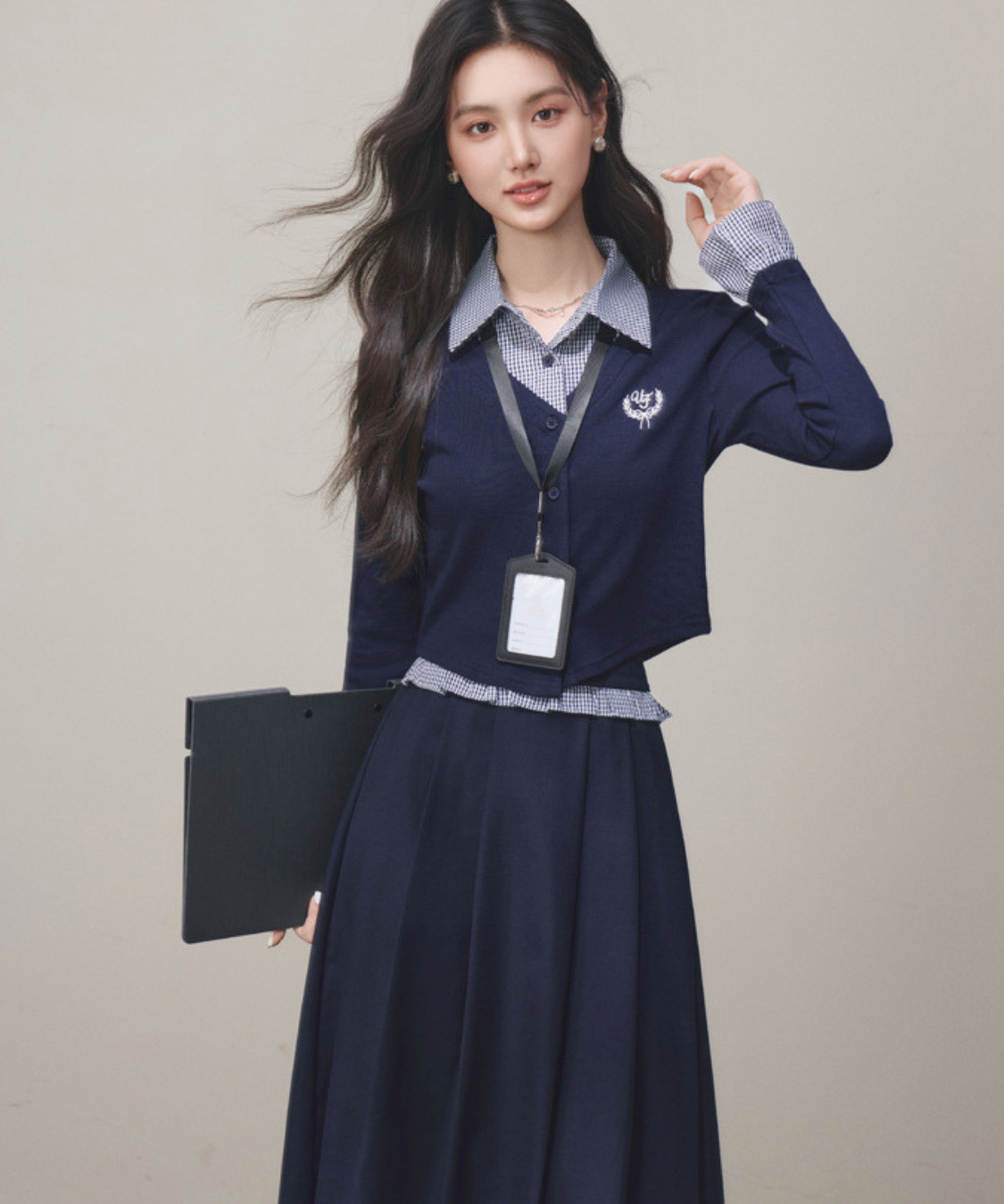 シャツ襟フェイクレイヤードトップス＋ボックスプリーツスカート 2点セット