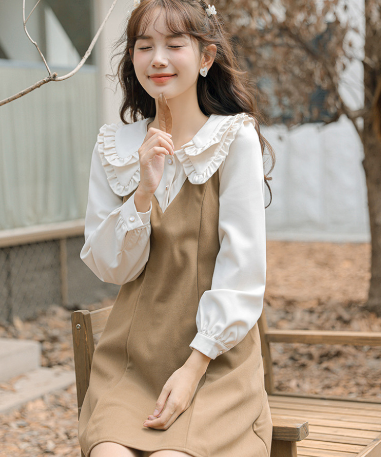 ダブルフリルカラーブラウス風Aラインフェイクレイヤードミニワンピース