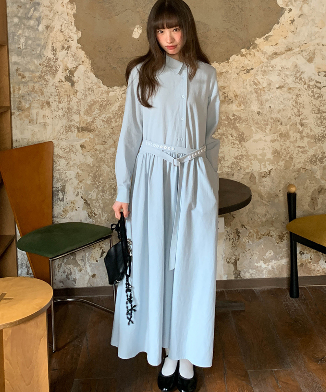 アシンメトリーボタンウエストベルトワンピース