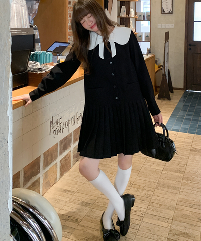 配色セーラーカラープリーツスカートワンピース