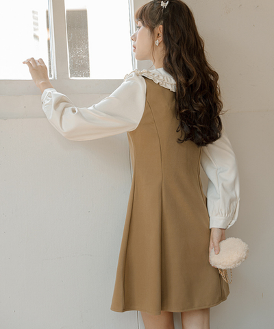ダブルフリルカラーブラウス風Aラインフェイクレイヤードミニワンピース