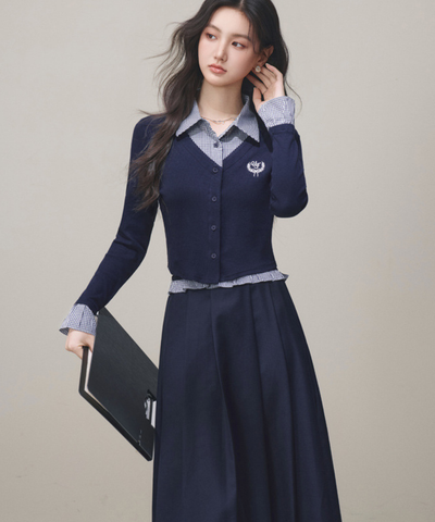 シャツ襟フェイクレイヤードトップス＋ボックスプリーツスカート 2点セット