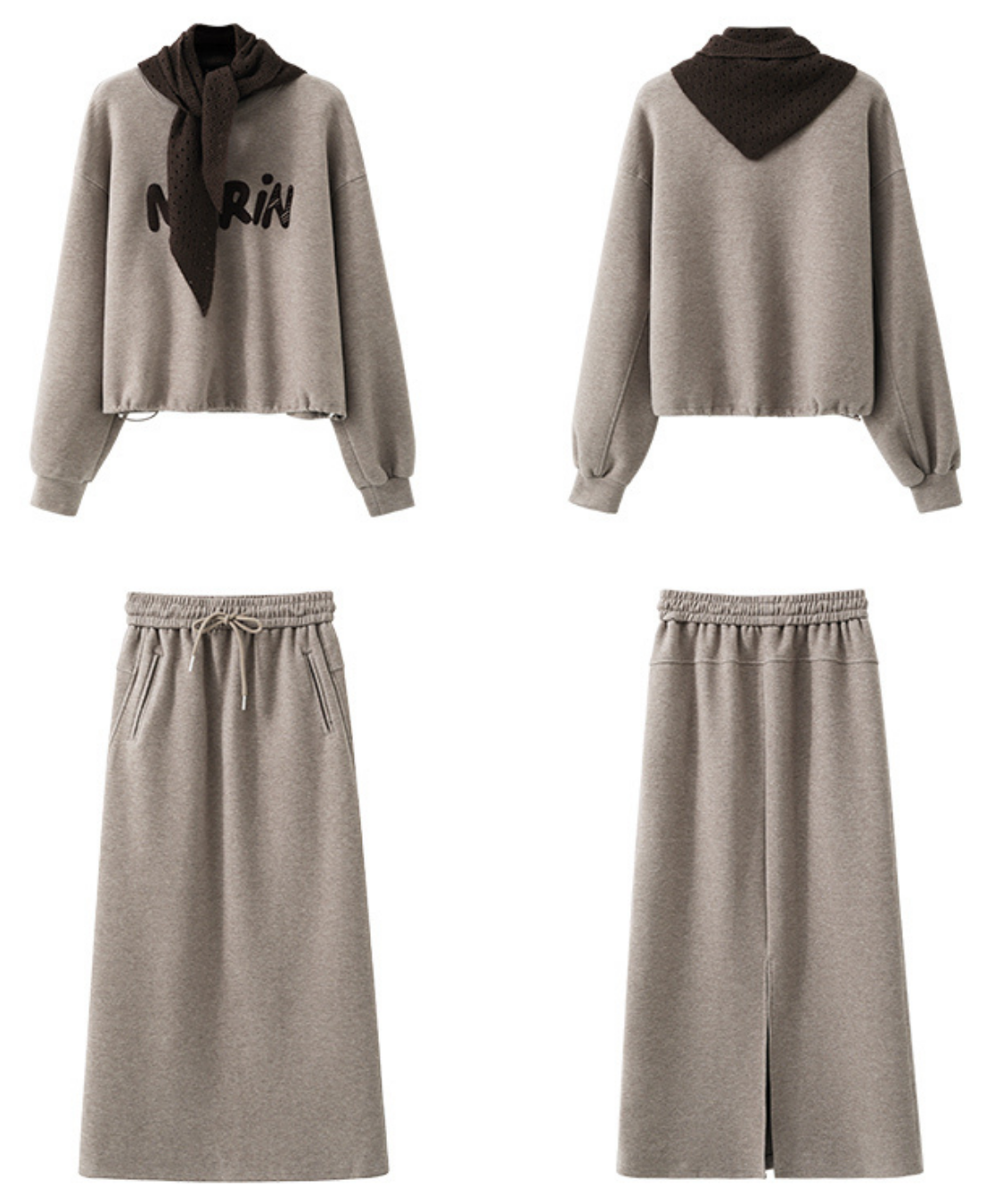 刺繍ロゴスウェット＋ドロストスカート＋フード付きショール 3点セット