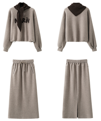 刺繍ロゴスウェット＋ドロストスカート＋フード付きショール 3点セット